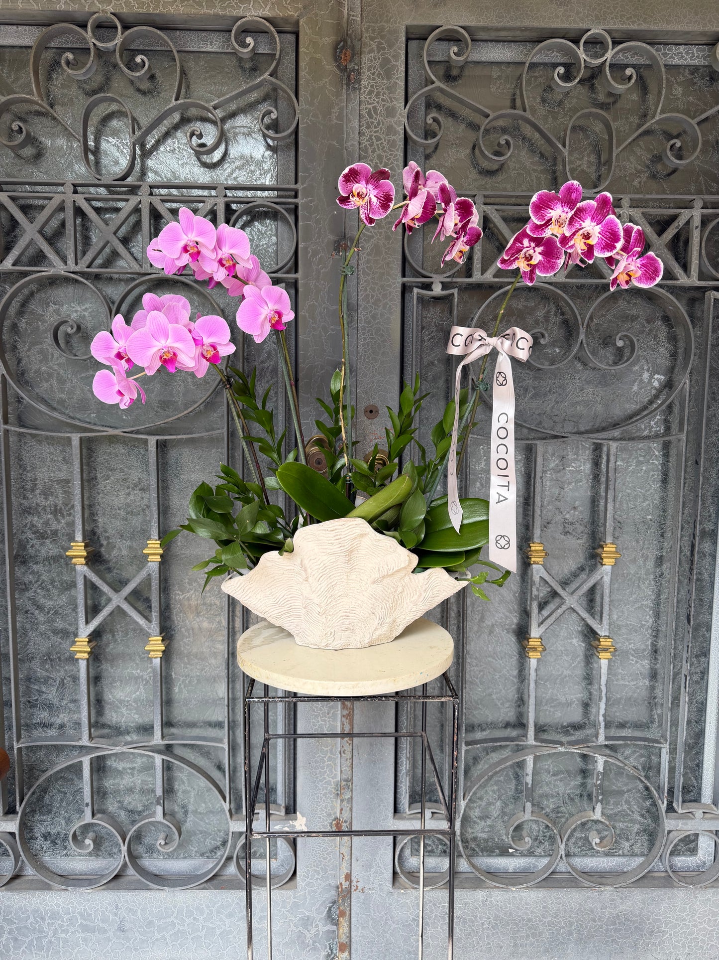 MACETA CORAL CON ORQUIDEAS